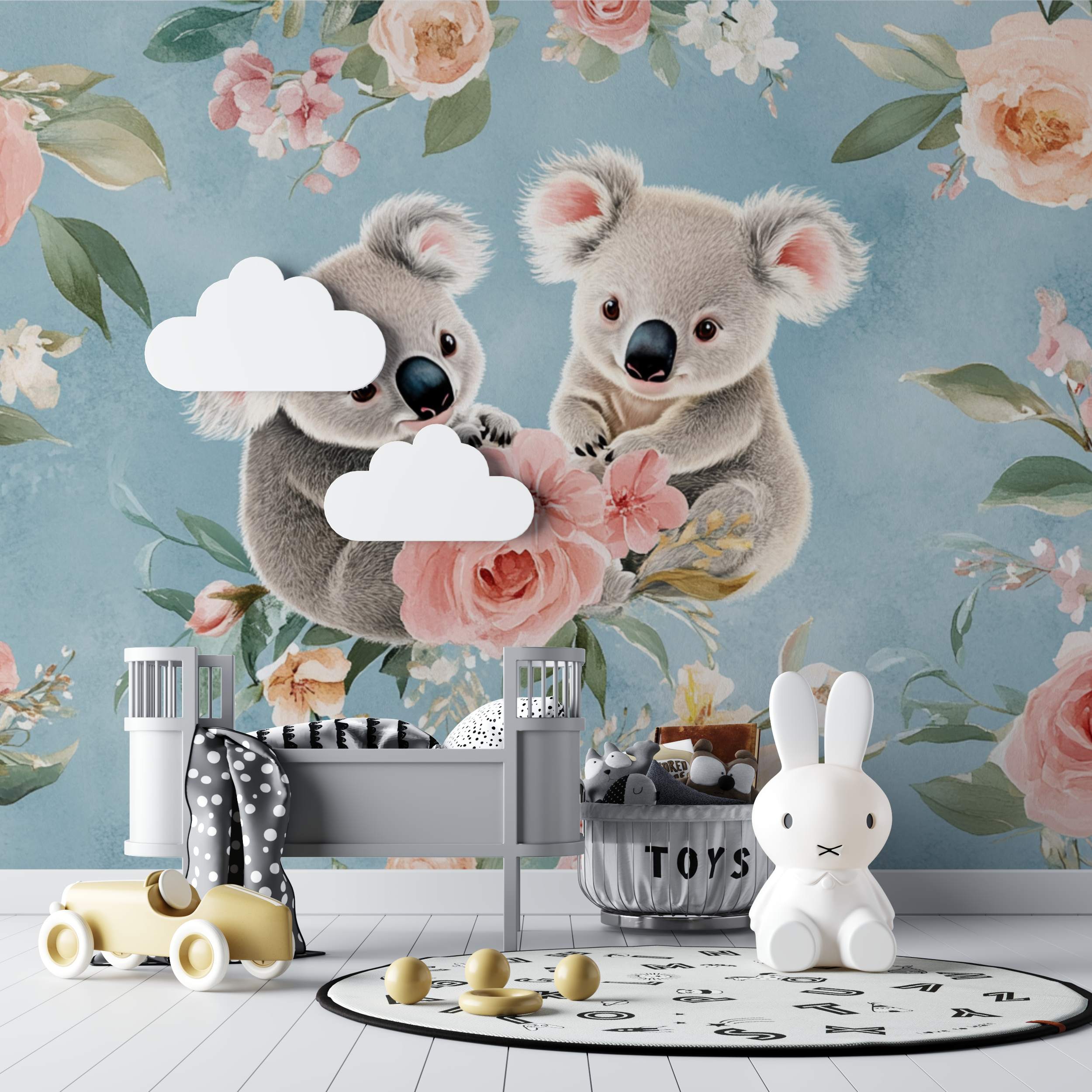 Papier peint koala dans un champ de fleurs bebe tipi