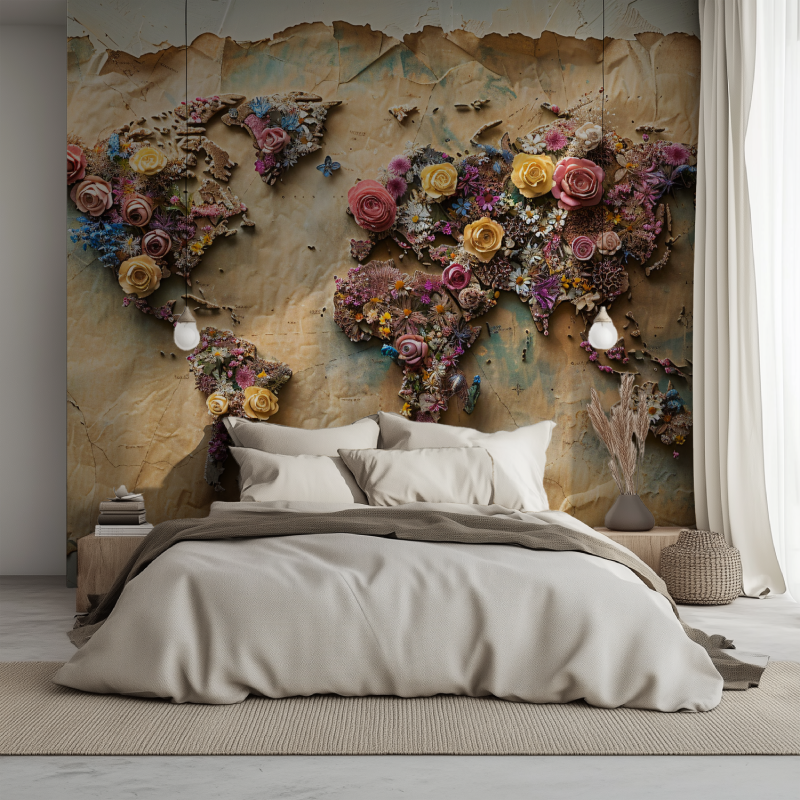 Papier peint trompe loeil carte du monde lit 1234