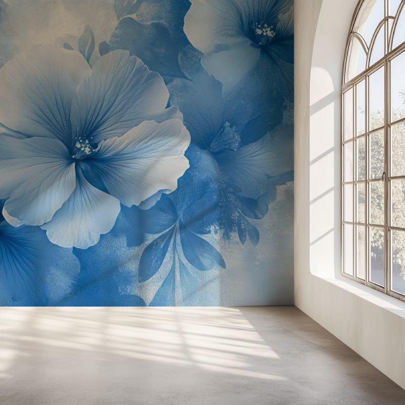 Papier peint vintage fleur bleu mur simple