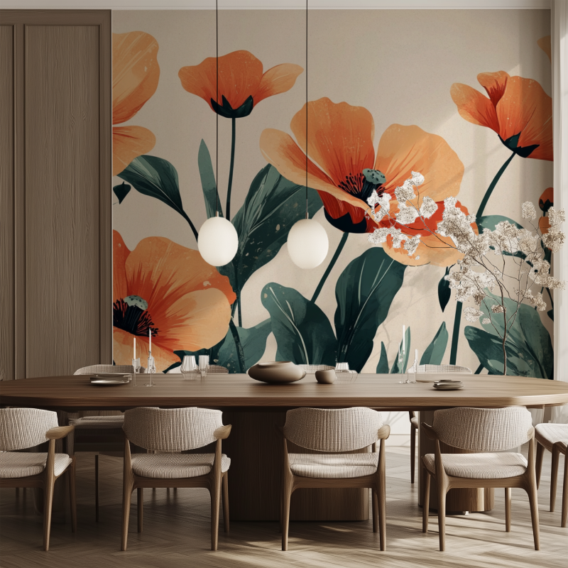 Papier peint vintage fleurs oranges salle manger tendance