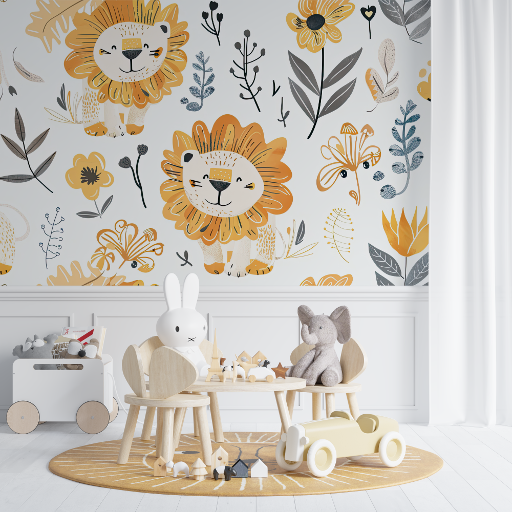 Papier peint lion et plumes bohemes chambre de bebe