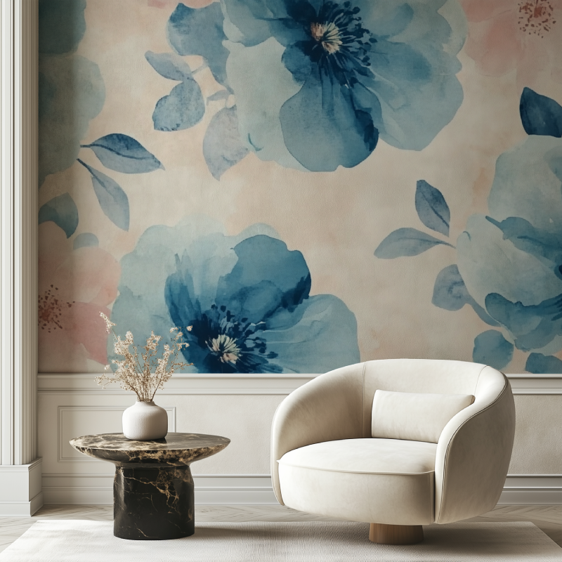 Papier peint vintage fleur bleue chaise tendance