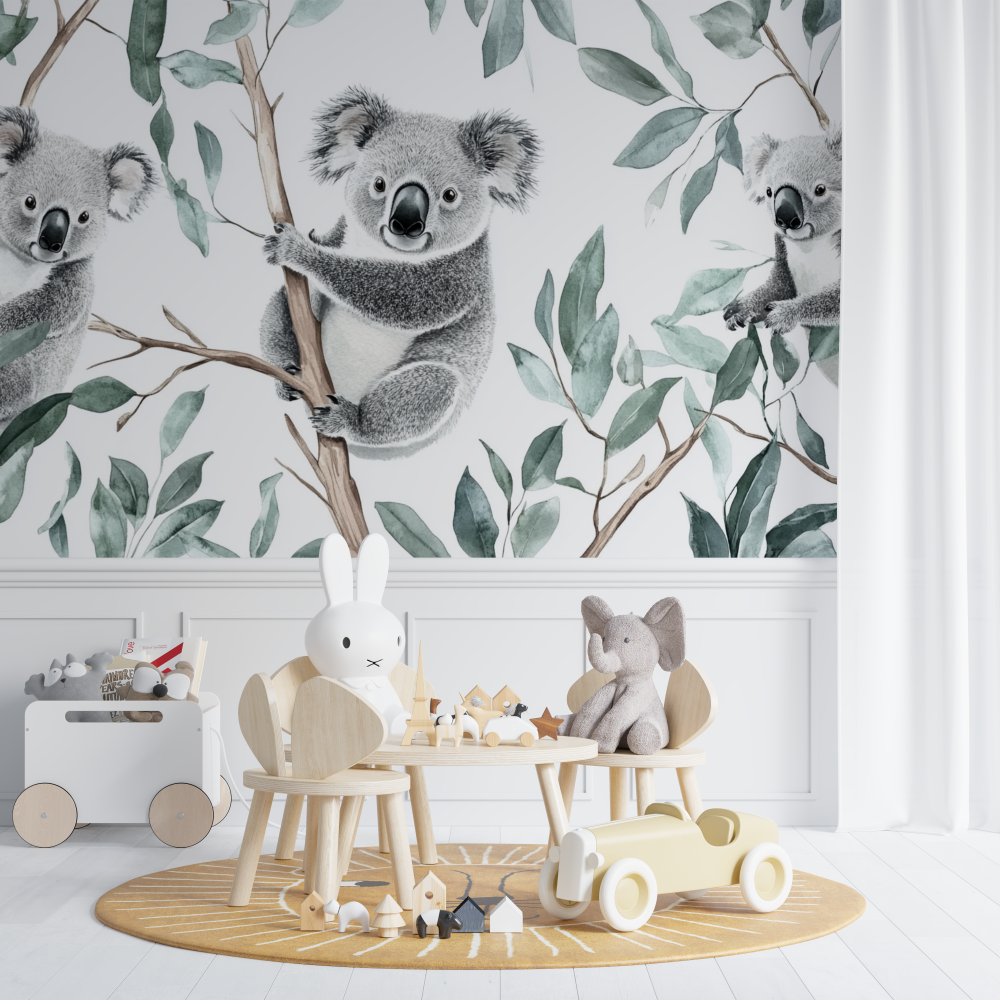 Papier peint koala suspendu a une branche chambre de bebe