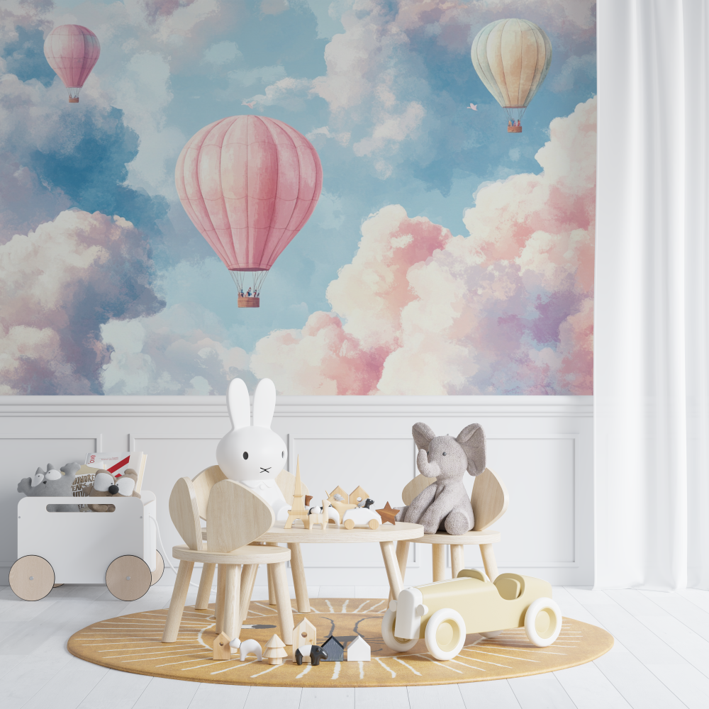 Papier peint montgolfiere et nuages pastel chambre de bebe
