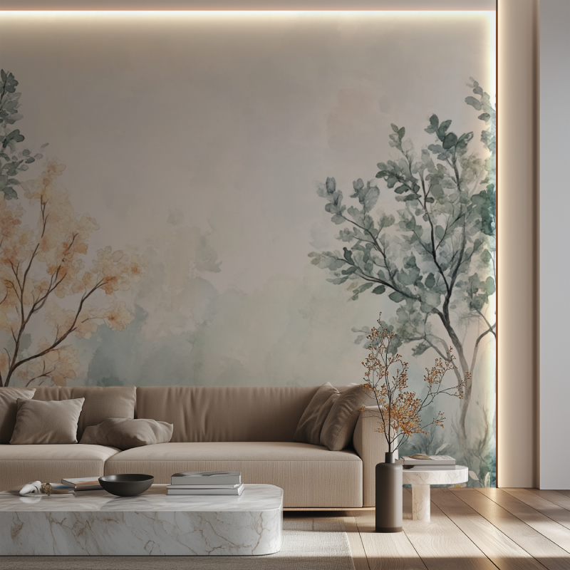 Papier peint fleur et arbre canape neon