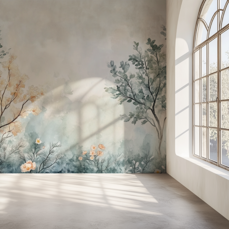 Papier peint fleur et arbre mur simple