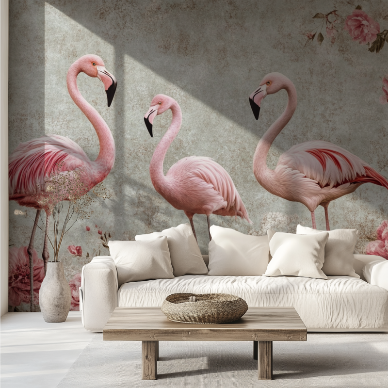 Papier peint vintage flamant rose canape tendance