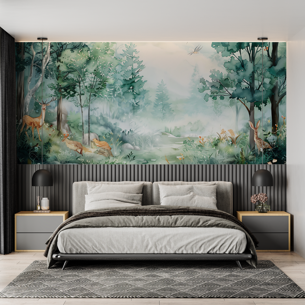 Papier peint aquarelle foret chambre adulte