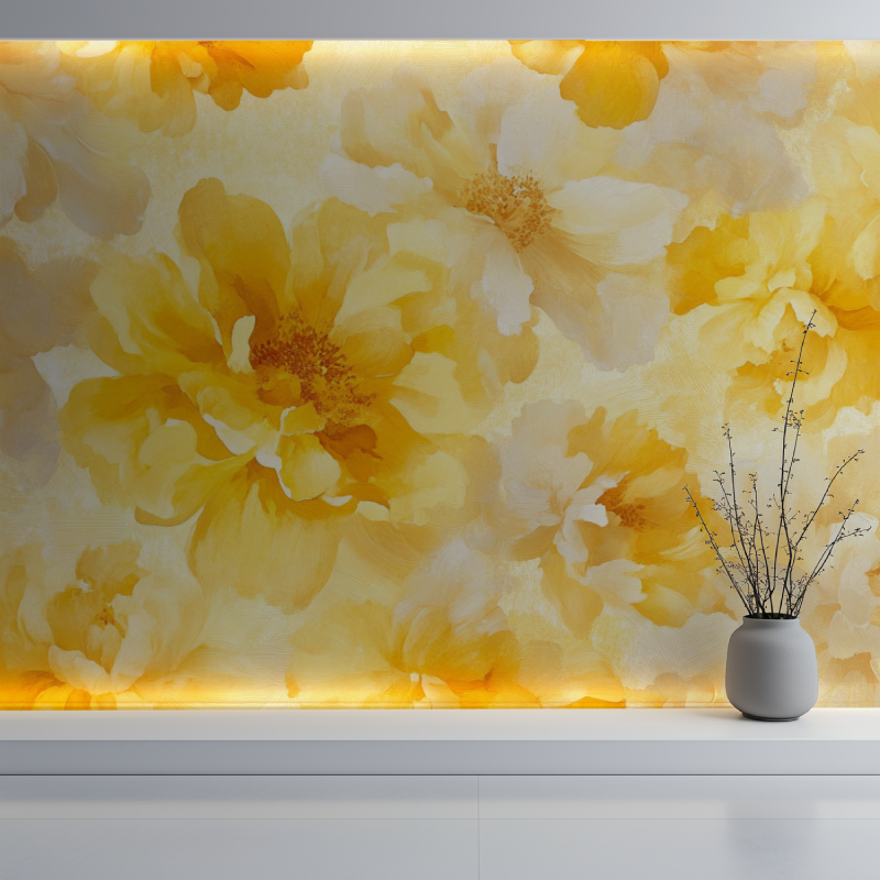 Papier peint vintage jaune fleur mur blanc