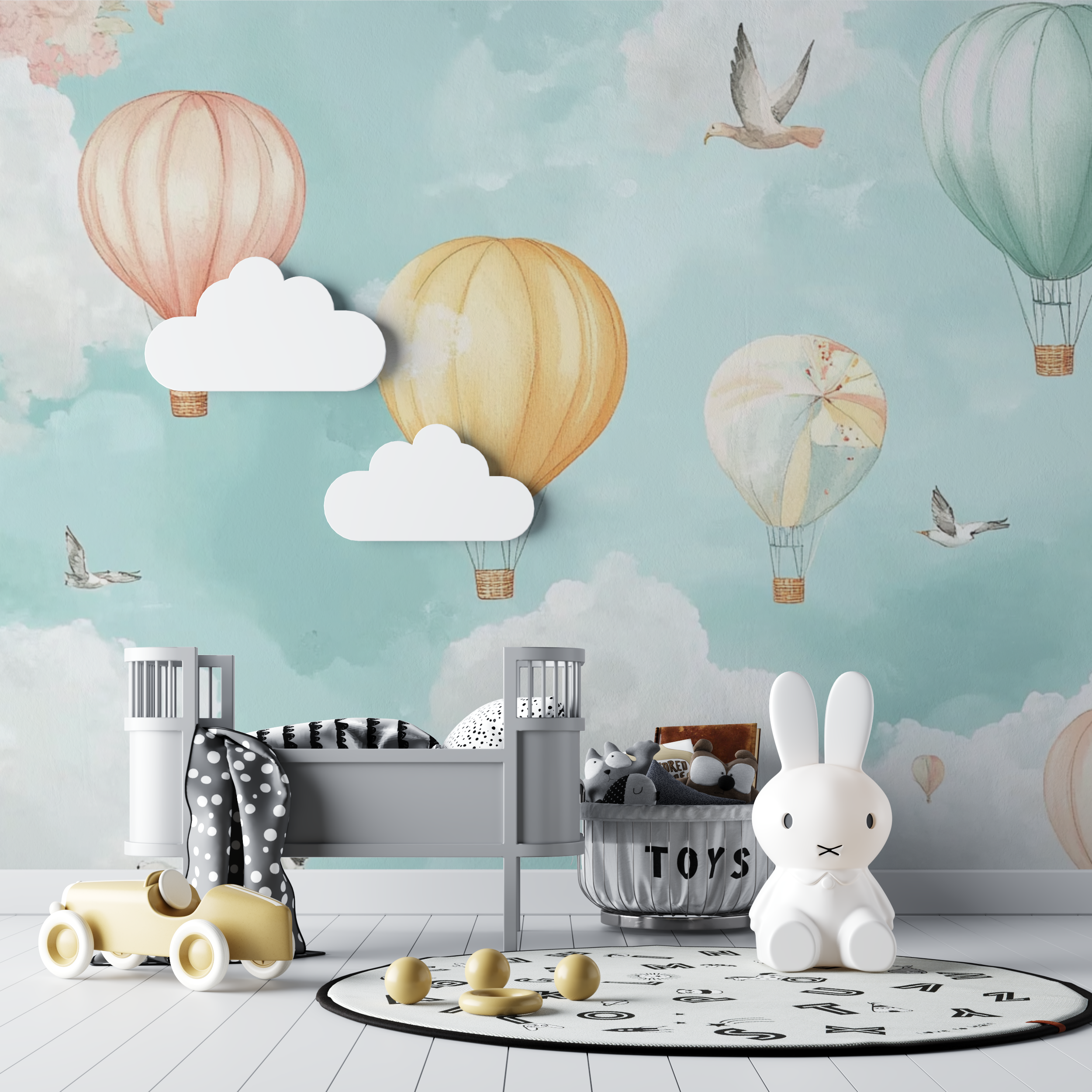 Papier peint montgolfiere et oiseaux en vol bebe tipi