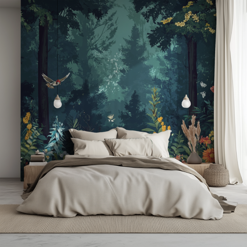 Papier peint fleur et animaux foret lit 1234