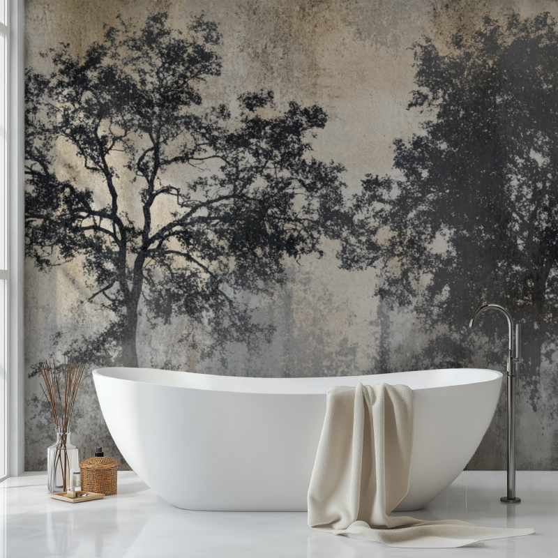Papier peint arbre sur beton sdb