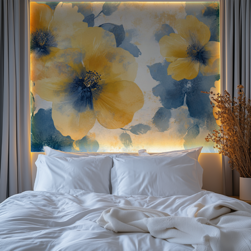 Papier peint fleur jaunes et bleu chambre premium