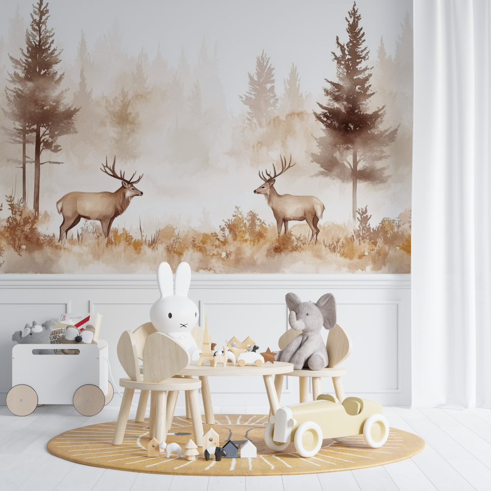 Papier peint cerf dans la foret chambre de bebe
