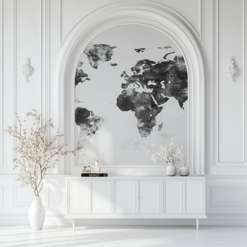 Papier peint carte du monde noir et blanc salon blanc