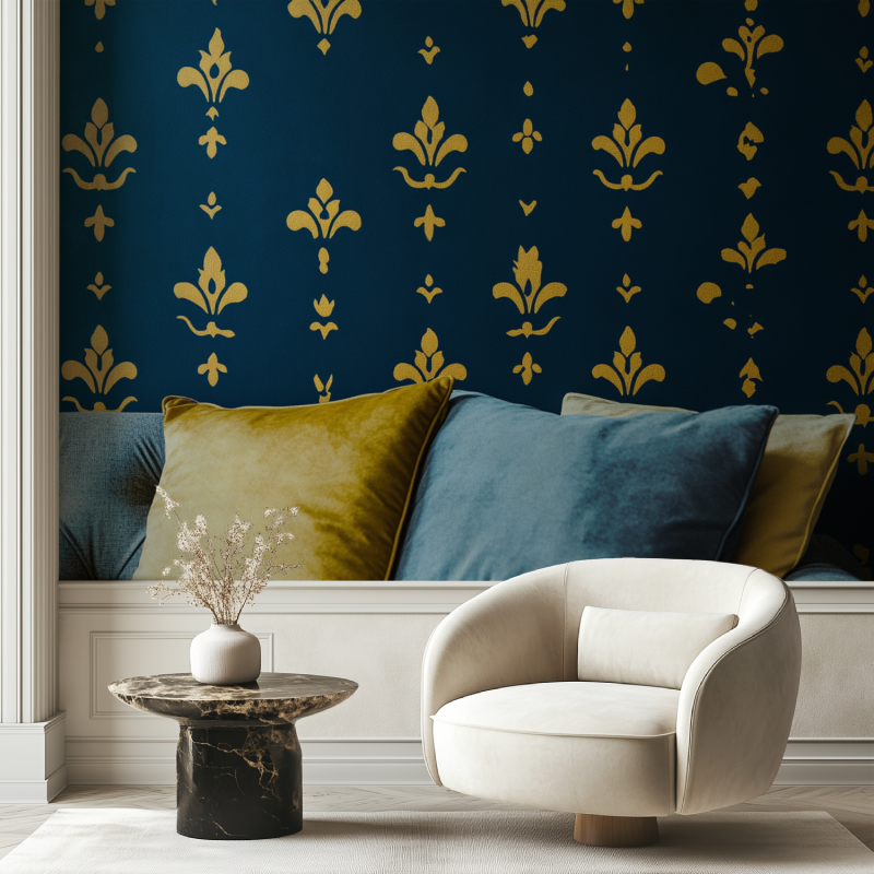 Papier peint fleur de lys jaune...s bleu roi chaise tendance