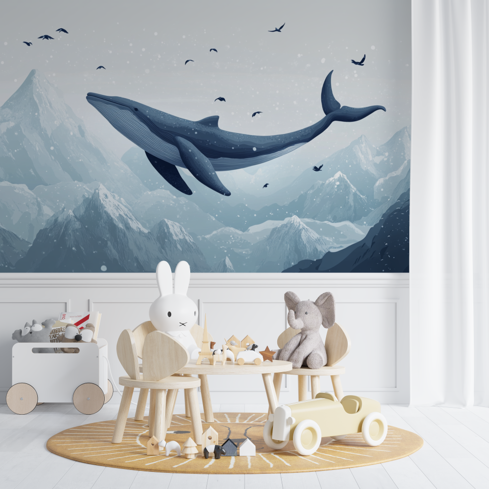 Papier peint baleine et montagnes chambre de bebe
