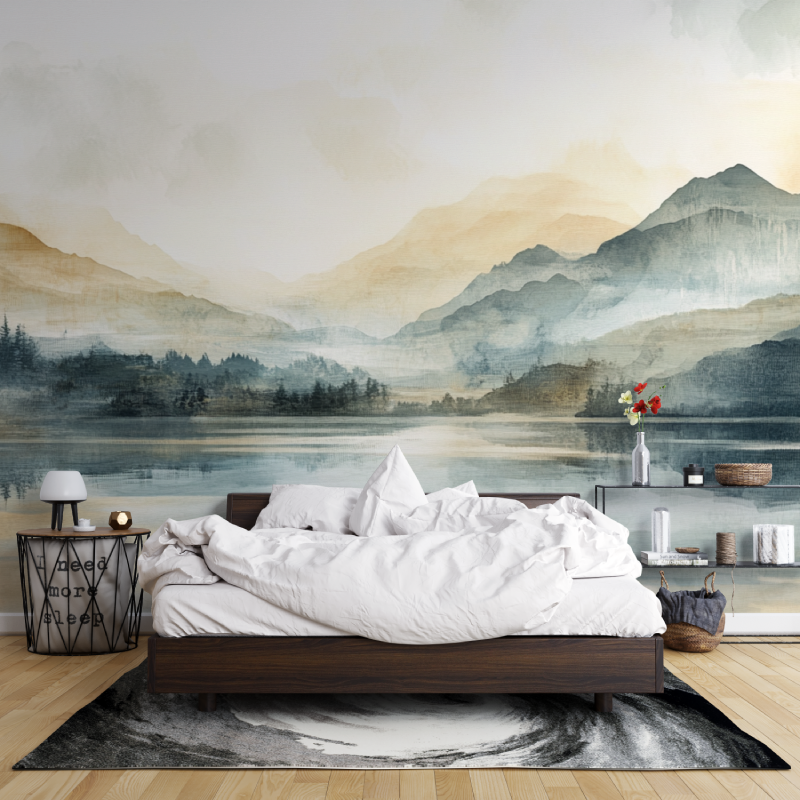 Papier peint aquarelle paysage lacustre leroy merlin mur