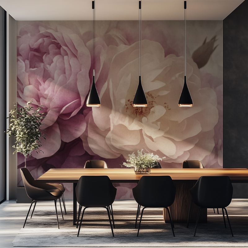 Papier peint grosses fleurs vintage salle manger tapisserie