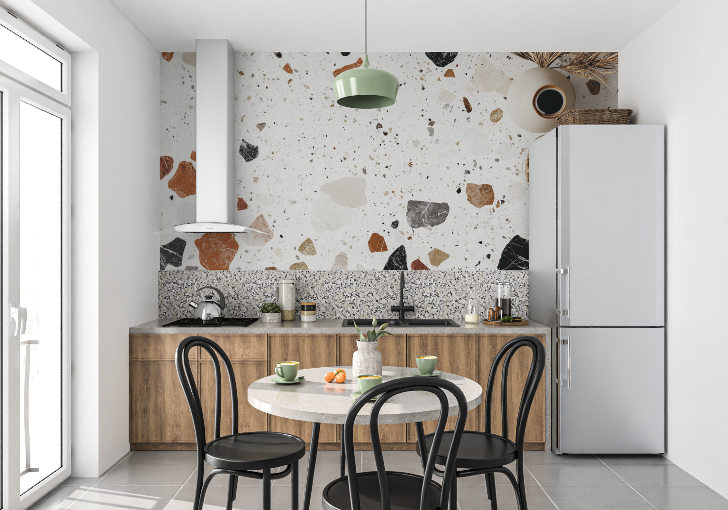 Papier peint terracotta esprit terrazzo moderne mur cuisine