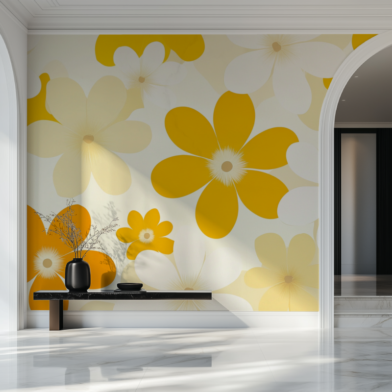 Papier peint vintage jaune fleurs salon beau