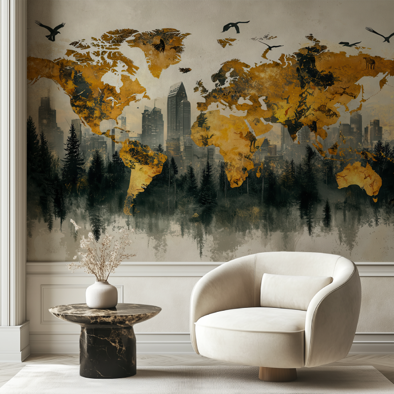 Papier peint panoramique carte monde chaise tendance