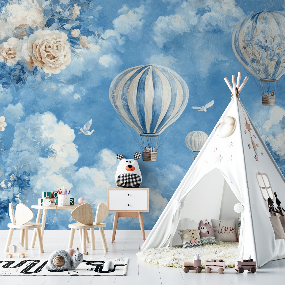 Papier peint montgolfiere et nu...rme de fleurs chambre bebe