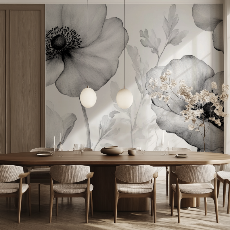 Papier peint fleur gris salle manger tendance