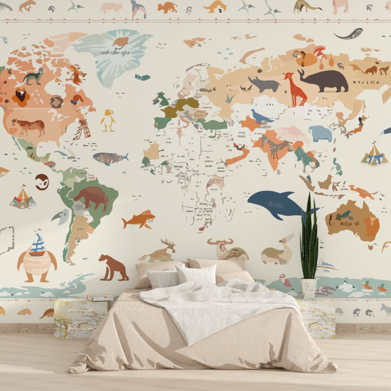 Papier peint carte du monde animaux chambre enfant 1815