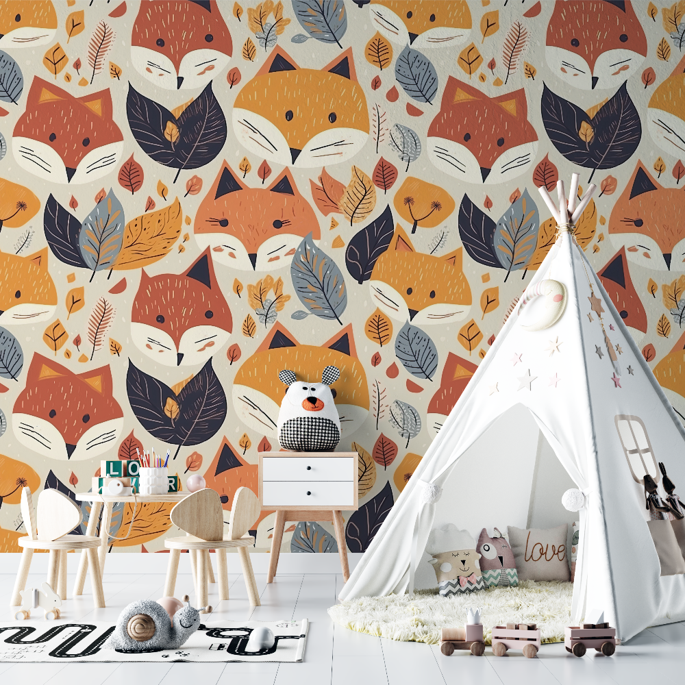 Papier peint renard et motifs colores chambre bebe