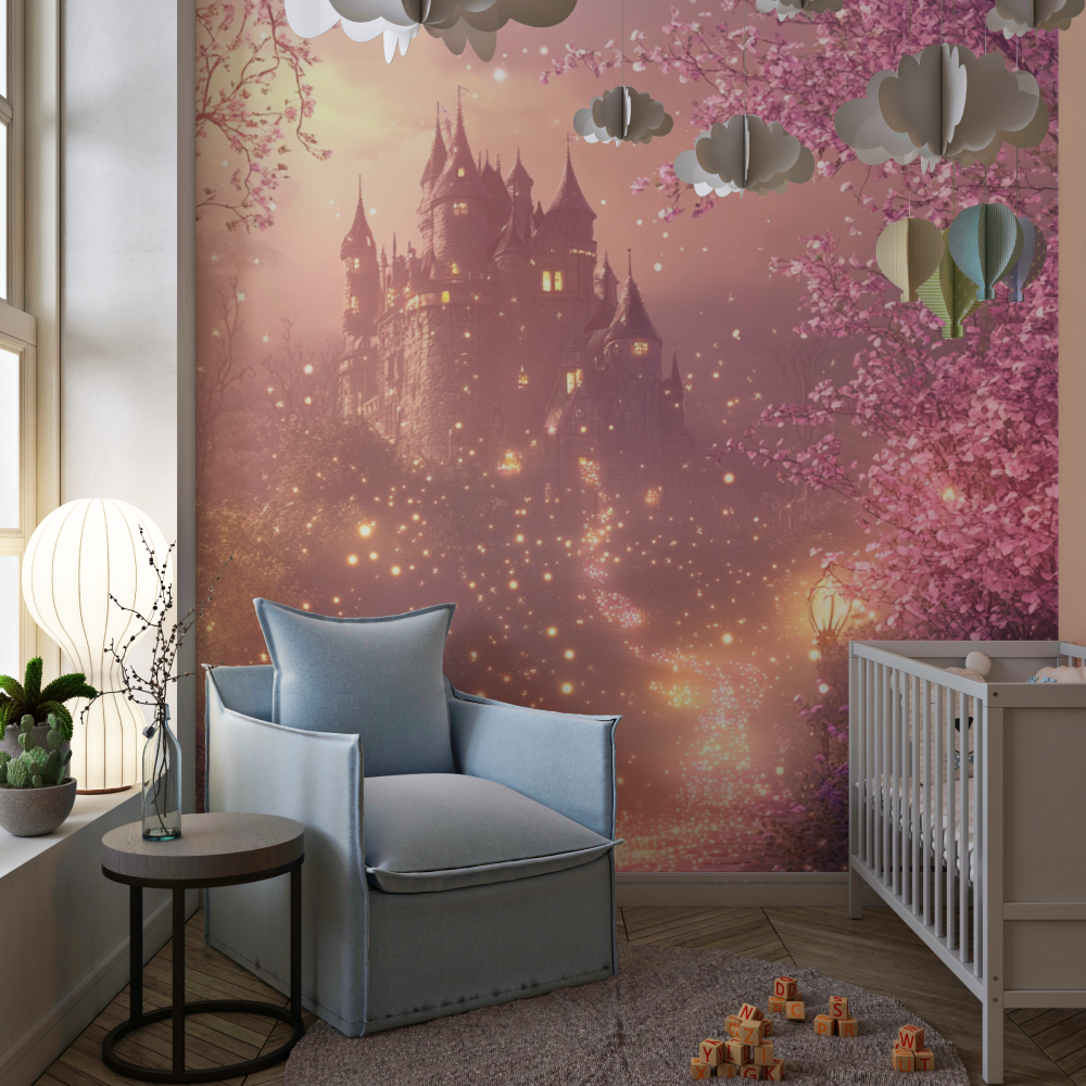 Papier peint chateau rose de nuit chambre de fille