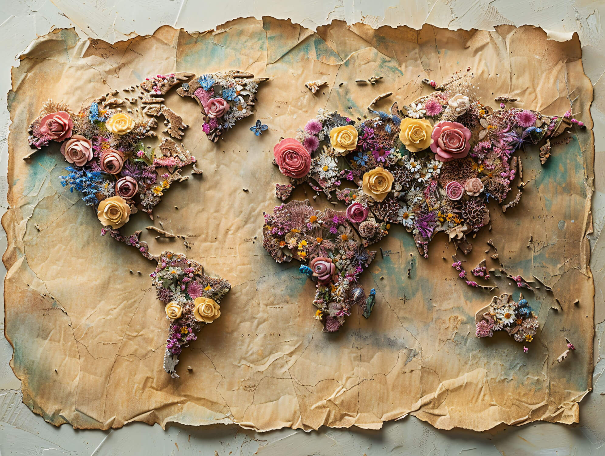 Papier Peint Carte Du Monde Fleurs 3d