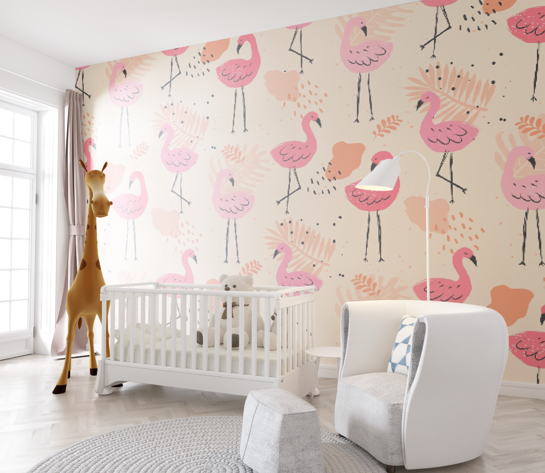 Papier peint bébé motif Flamant rose - chambre de bebe