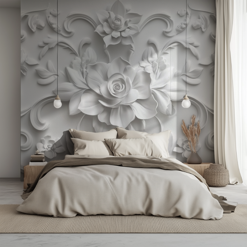 Papier peint trompe loeil moulure lit 1234