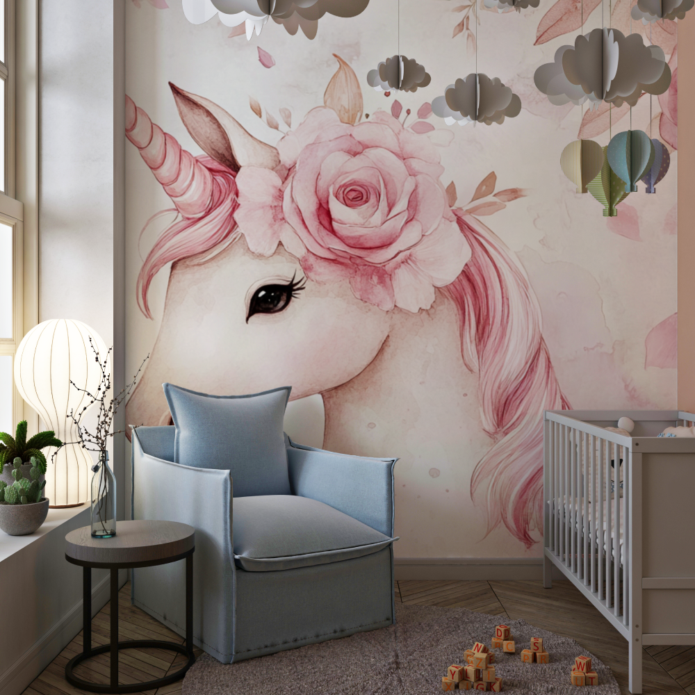 Papier peint theme licorne roya...leur rose chambre de fille