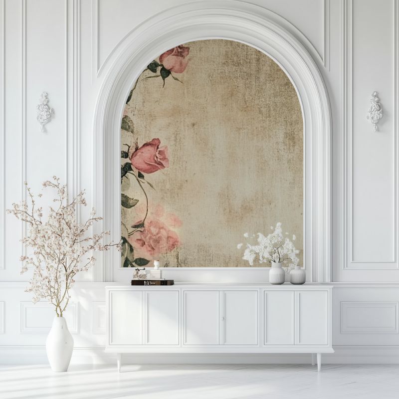 Papier peint vintage fleur rose salon blanc