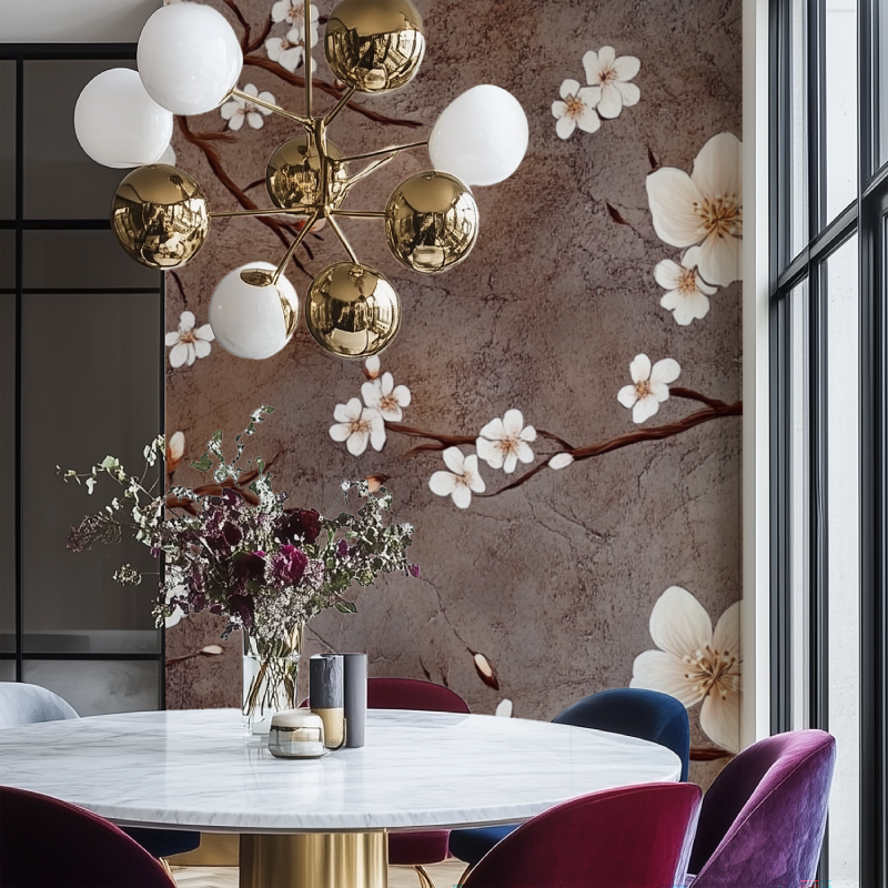 Papier peint fleur de cerisier action salon chaise