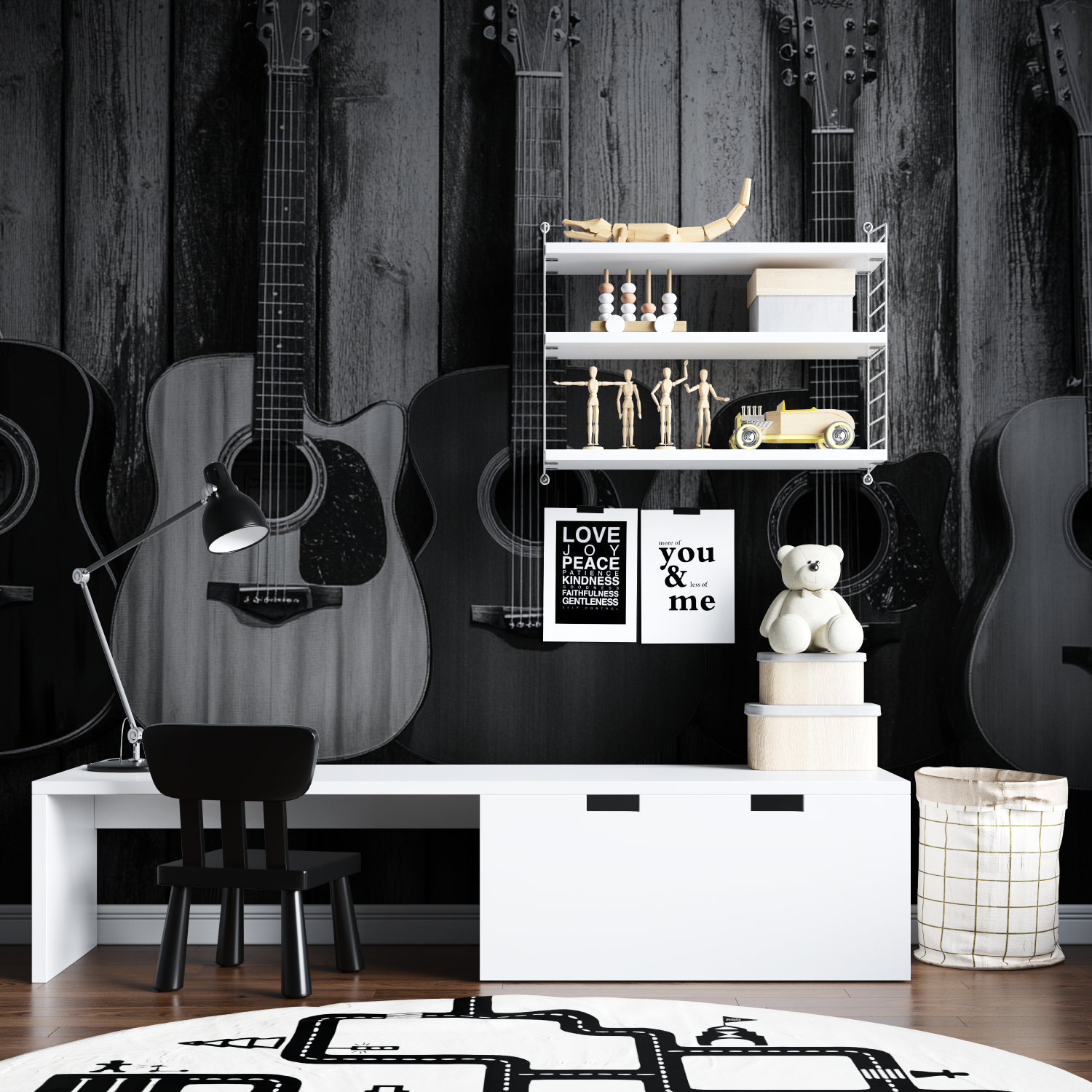 Papier peint guitare noir et blanc tapisserie garcon