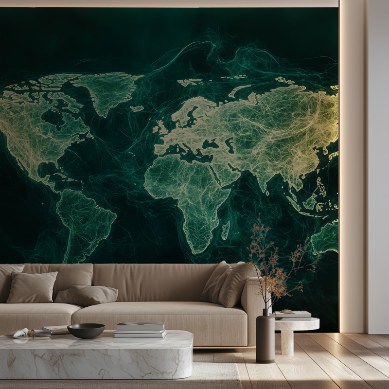 Papier peint carte du monde verte canape neon