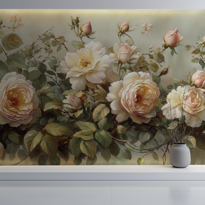 Papier peint style anglais vintage fleuries mur blanc