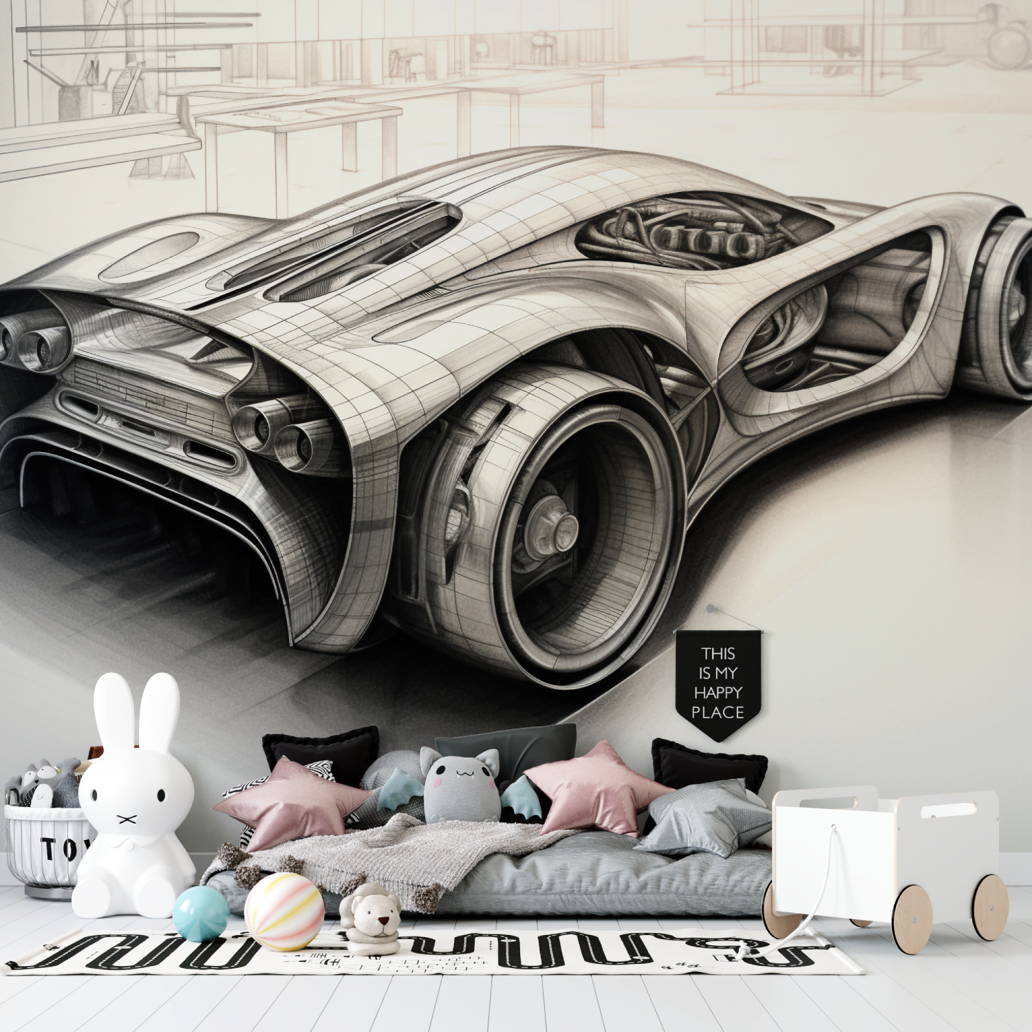 Papier peint dessin technique voiture tapisserie garcon