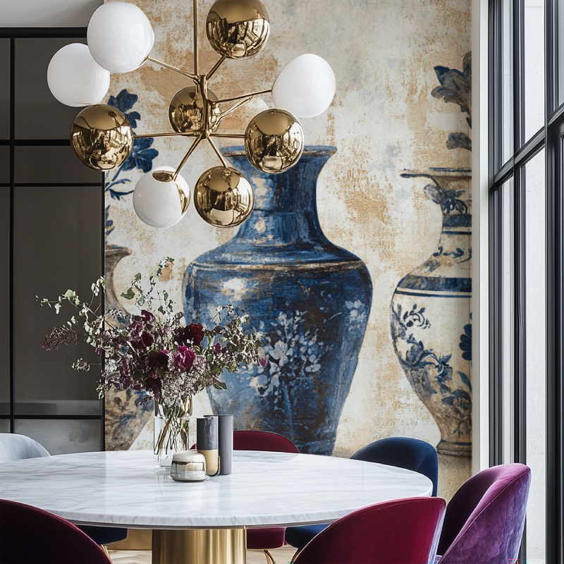 Papier peint vintage vase bleu chaise verte salon chaise