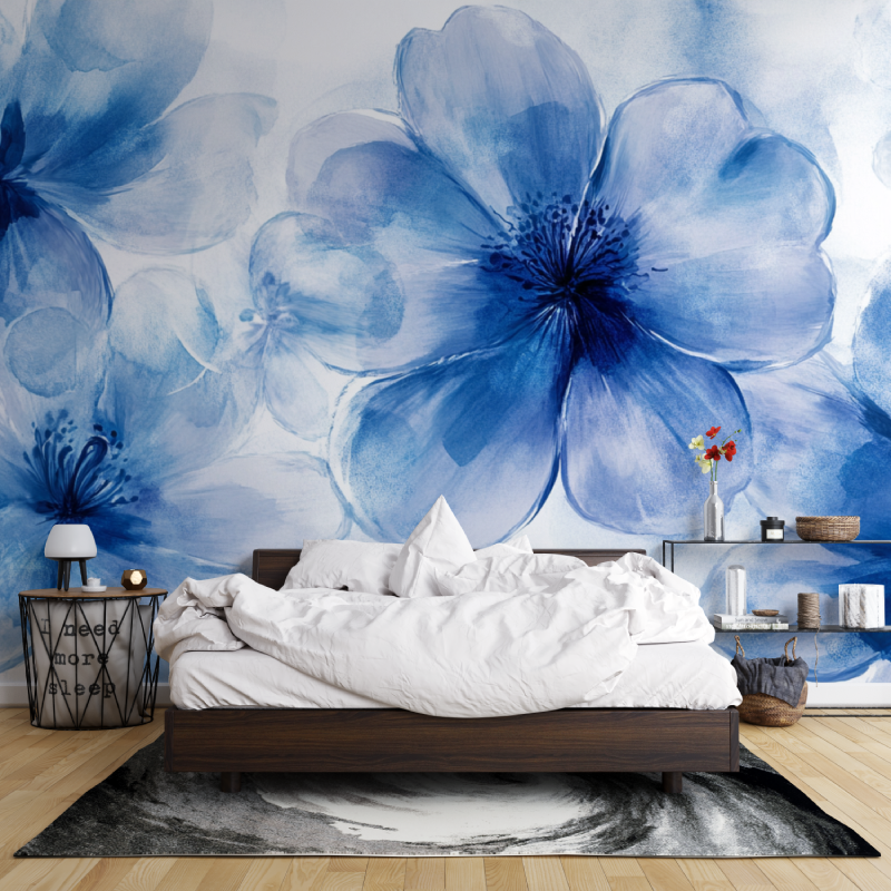 Papier peint grosses fleurs bleu leroy merlin mur