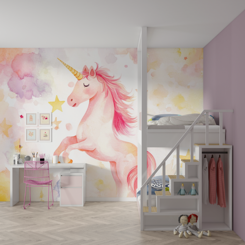 Papier peint poster licorne jaune solaire mur chambre fille