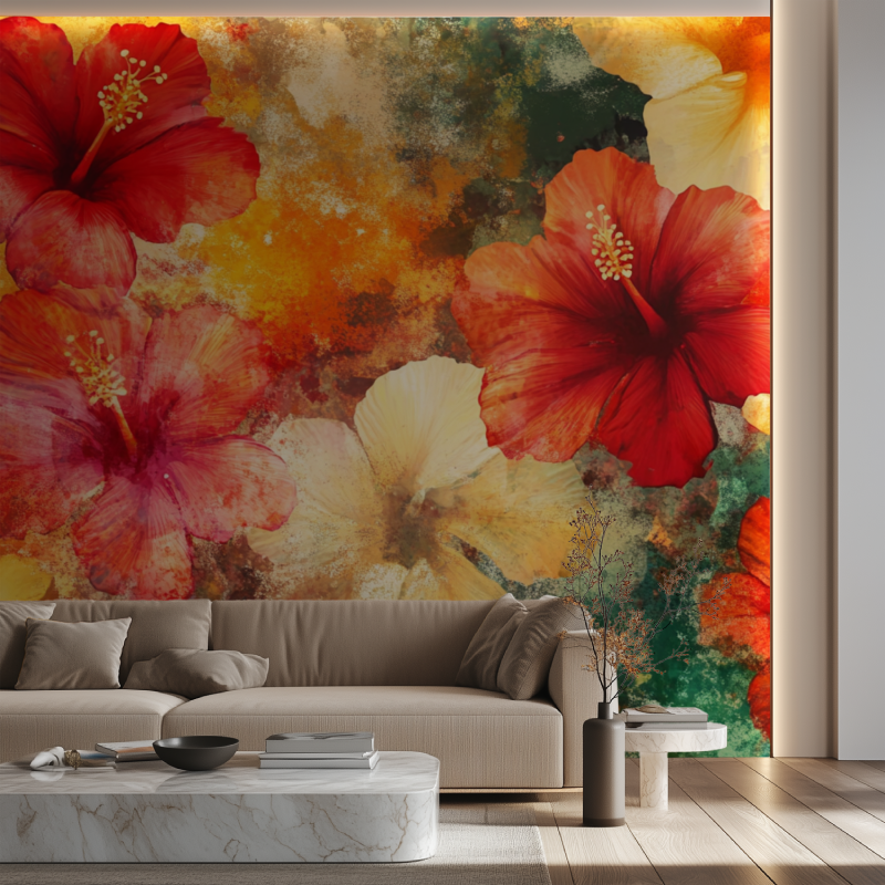 Papier peint fleur hawaienne canape neon