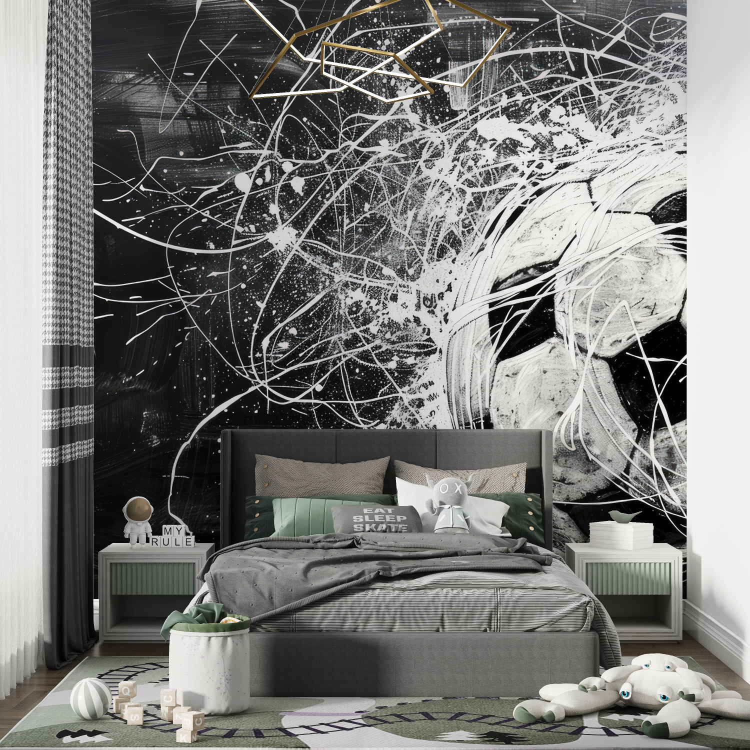 Papiers peint ballon de foot noir et blanc chambre de garcon