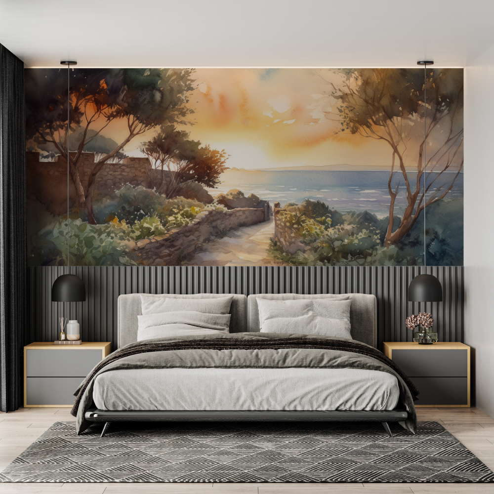 Papier peint aquarelle paysage ...e de soleil chambre adulte