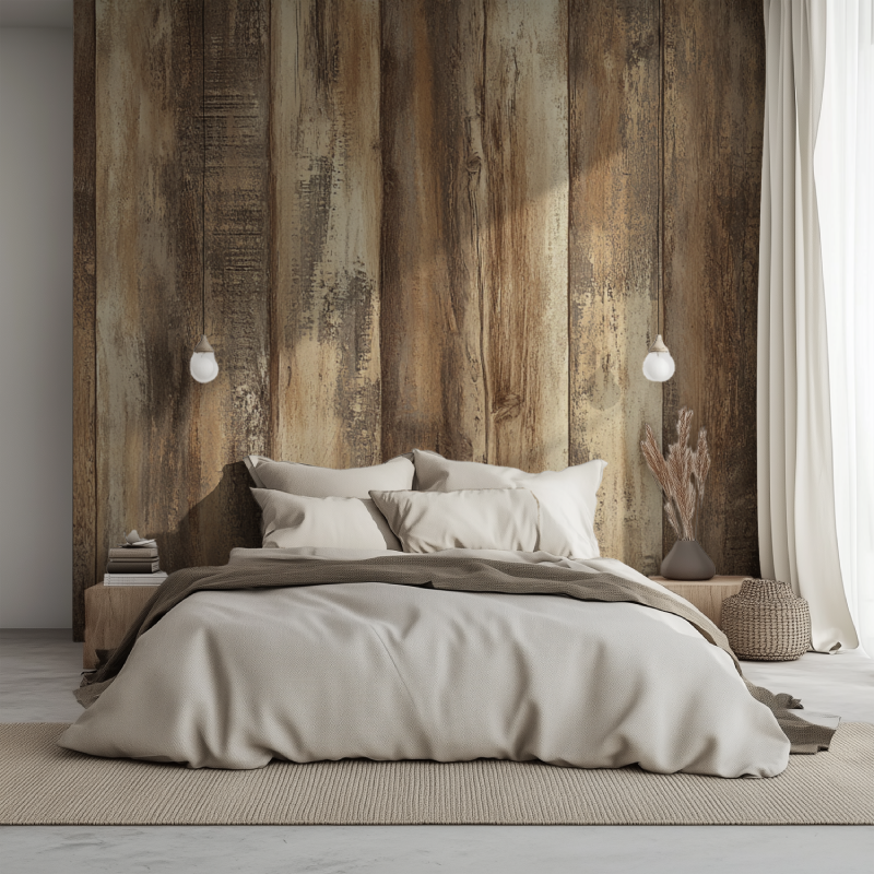 Papier peint trompe loeil imitation bois lit 1234