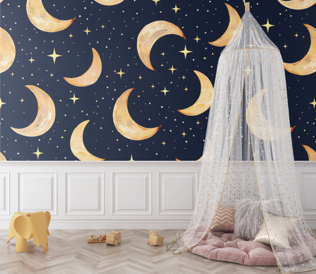 Papier peint bébé bleu roi lune - chambre de bebe