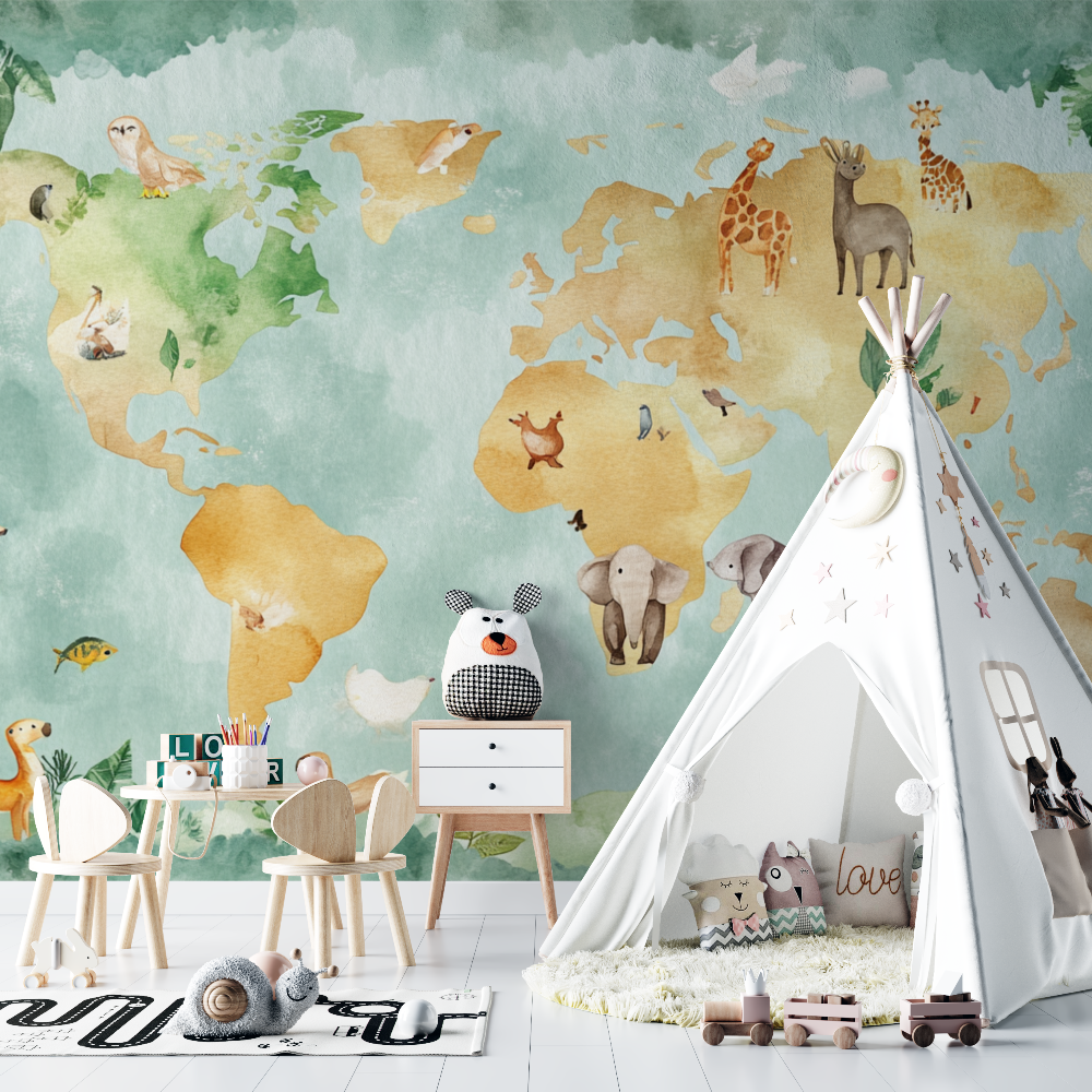 Papier peint carte du monde ter...loree animaux chambre bebe